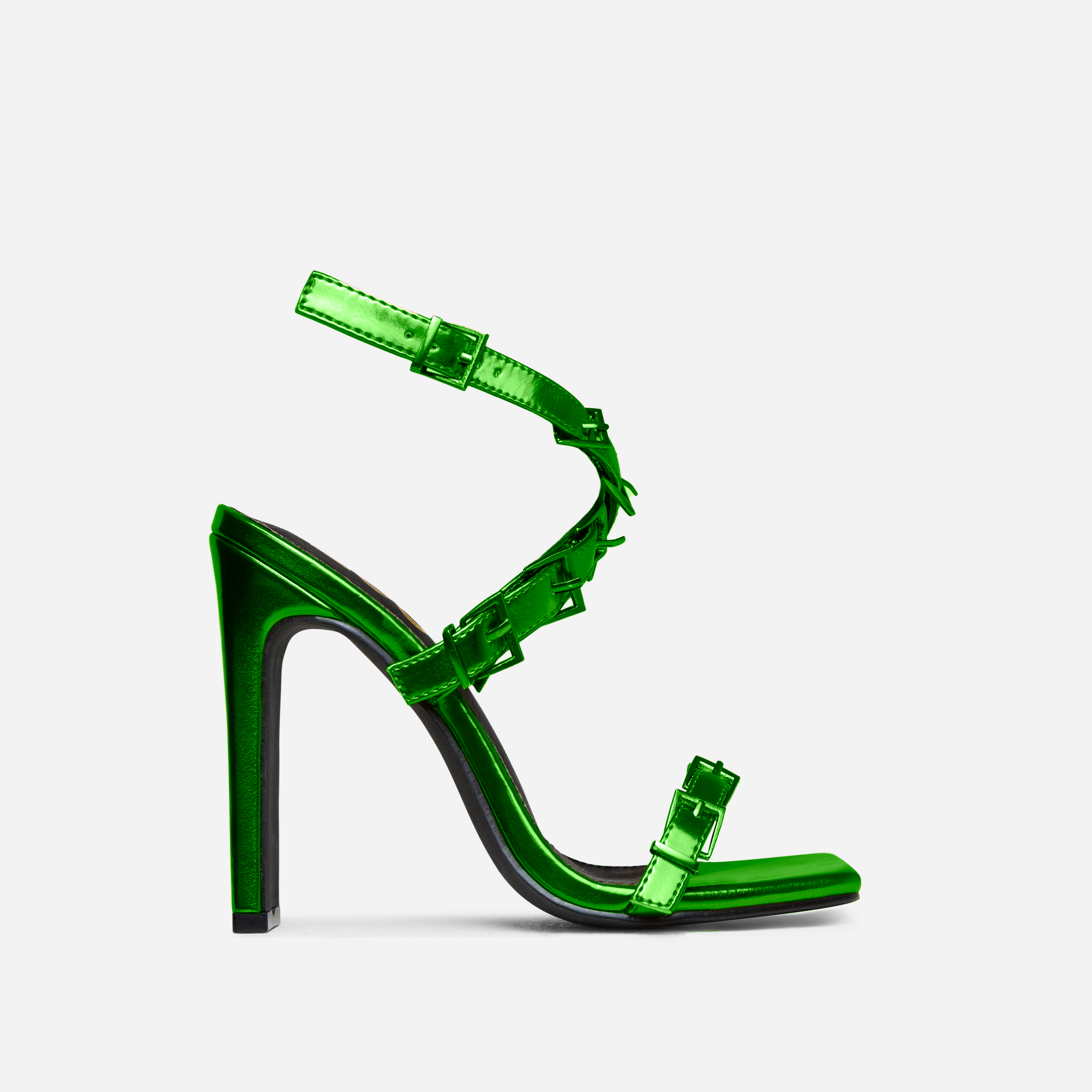 Cabello Buckle Cross Strap Detail Square Toe Thin Block Heel In Green Metallic Faux Leather, Green (EGO SHOES)