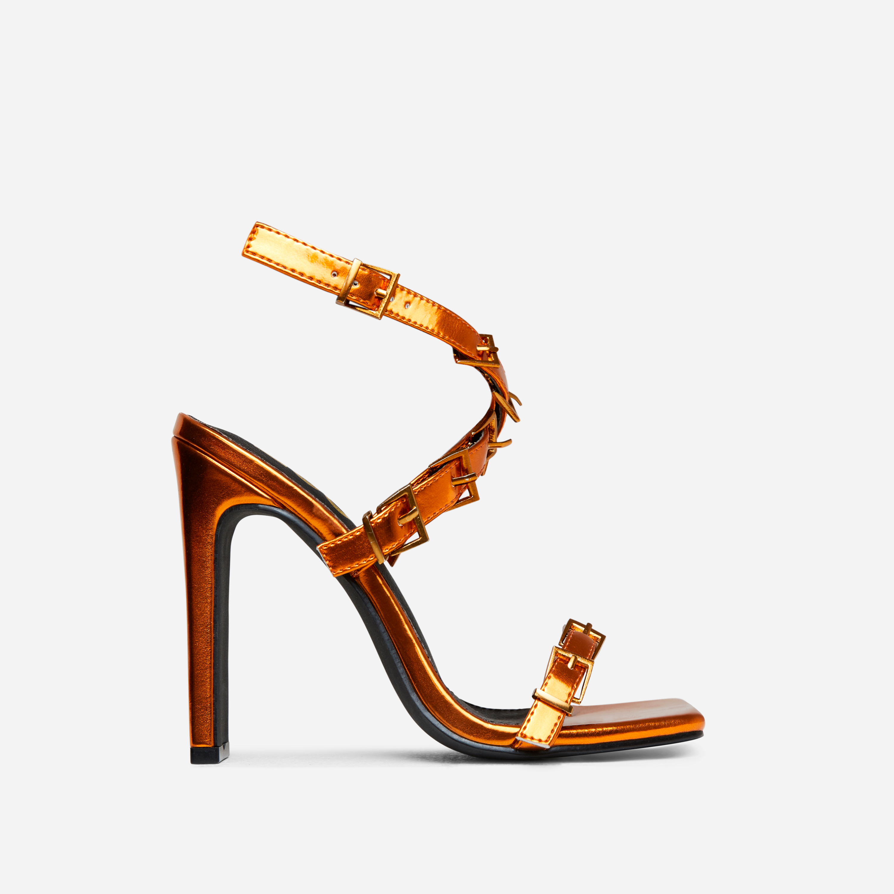 Cabello Buckle Cross Strap Detail Square Toe Thin Block Heel In Orange Metallic Faux Leather, Orange (EGO SHOES)