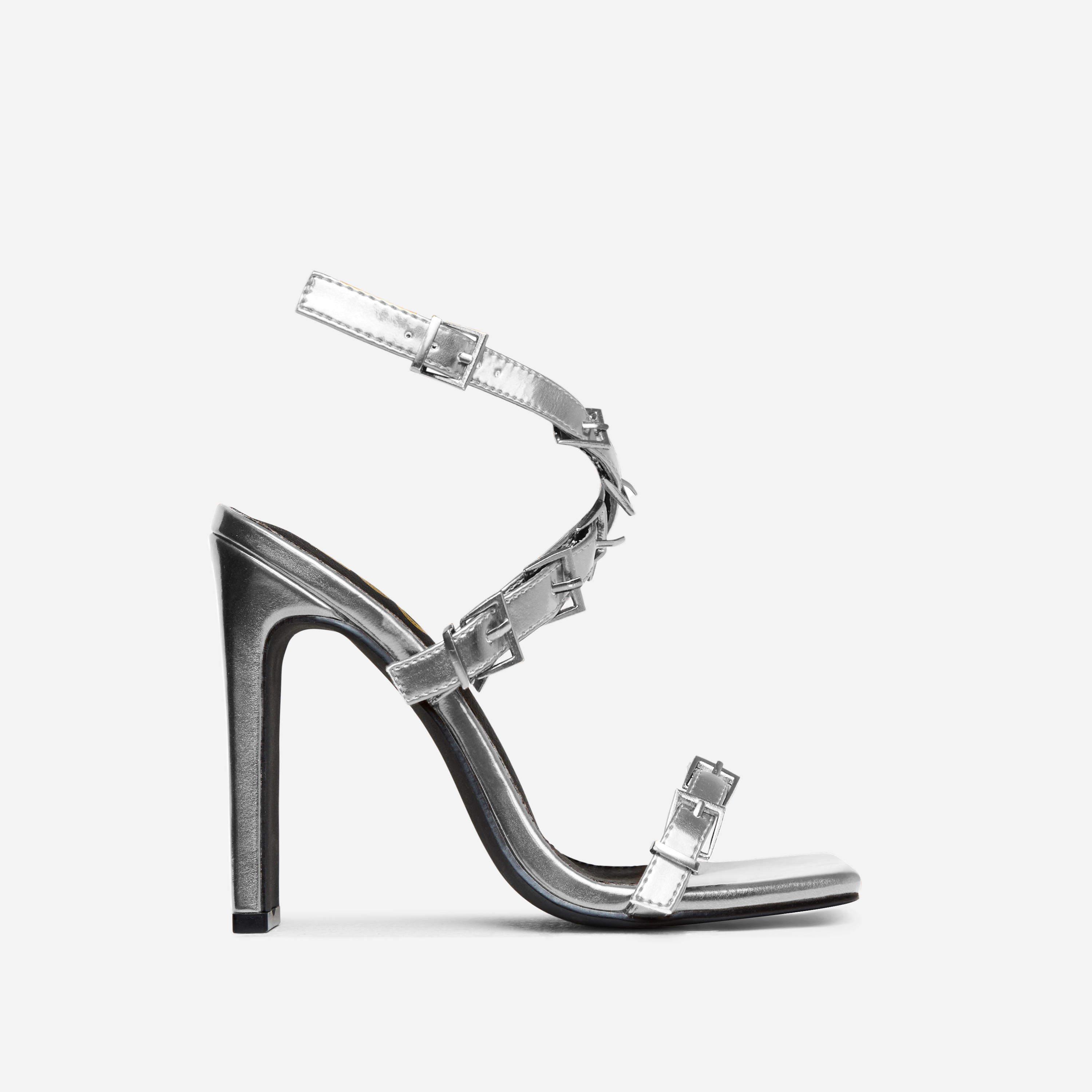 Cabello Buckle Cross Strap Detail Square Toe Thin Block Heel In Silver Metallic Faux Leather, Silver (EGO SHOES)