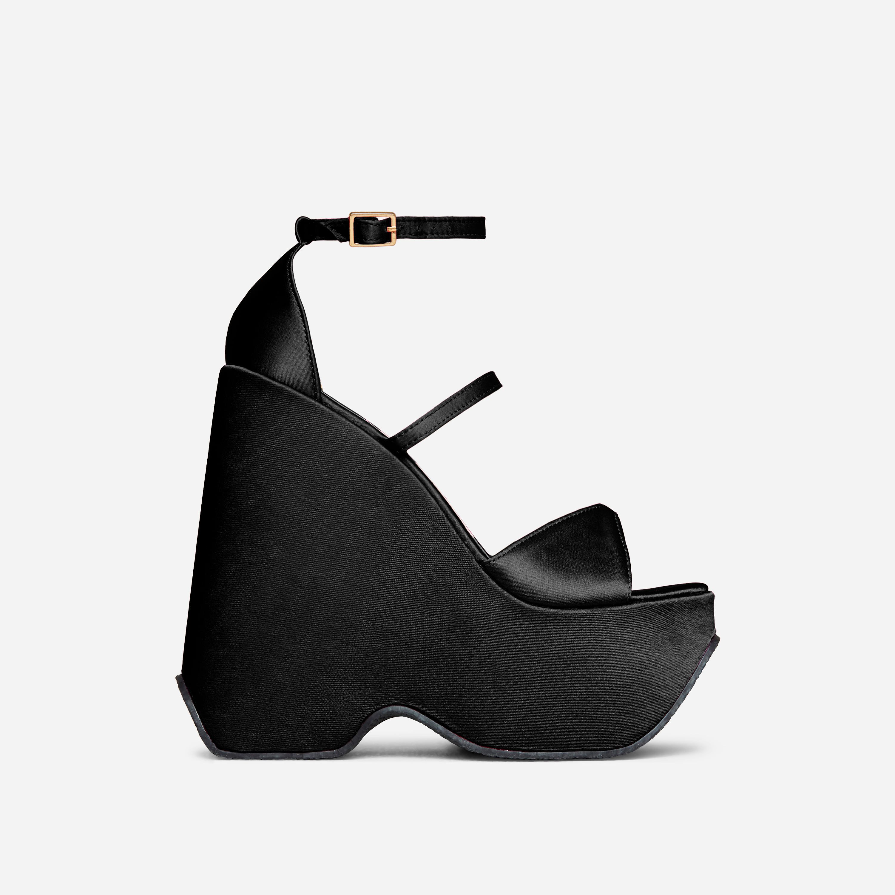 Carrie Triple Strap Square Peep Toe Platform Wedge Heel In Black Satin, Black (EGO SHOES)