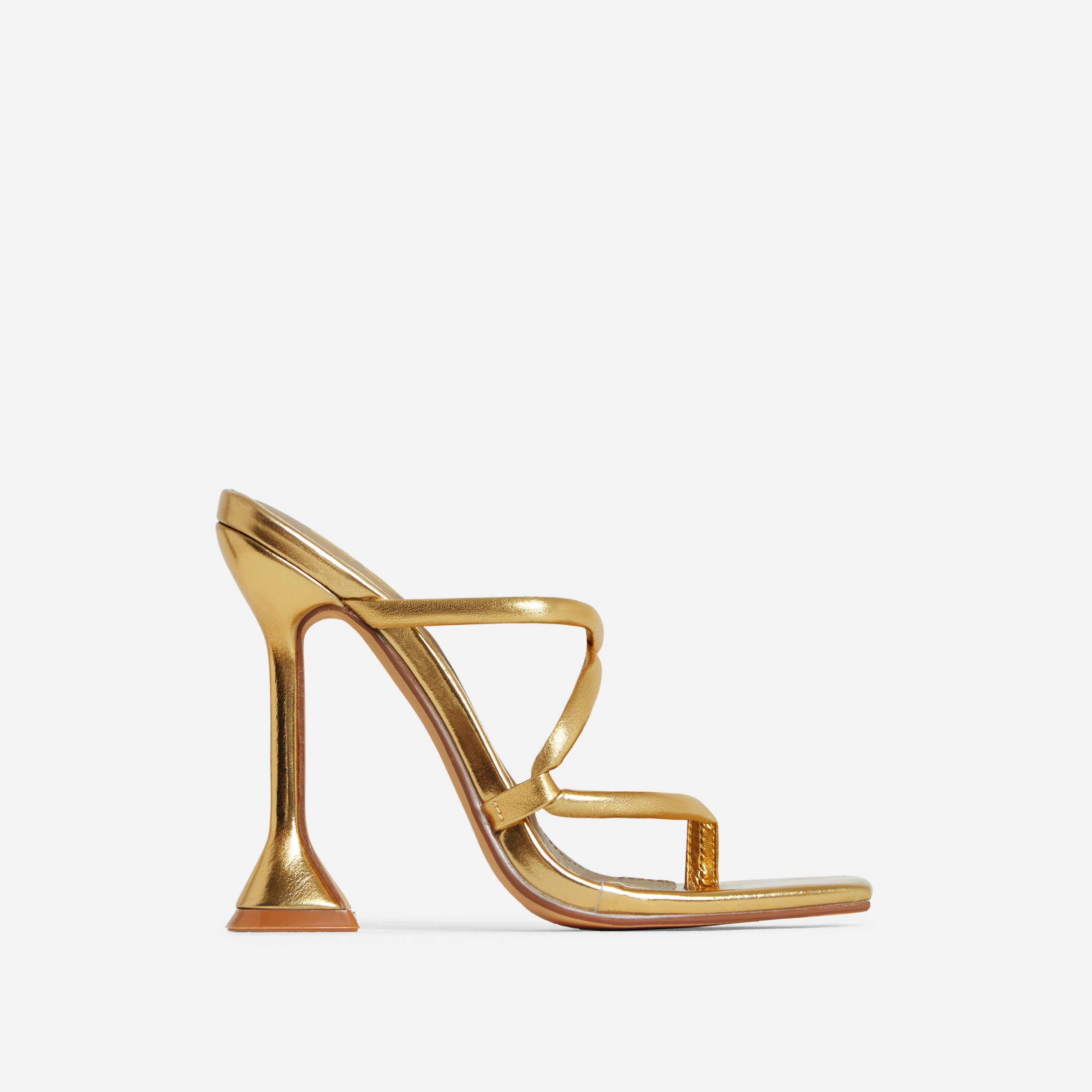 Cello Strappy Square Toe Sculptured Heel Mule In Gold Metallic Faux Leather, Gold (EGO SHOES)