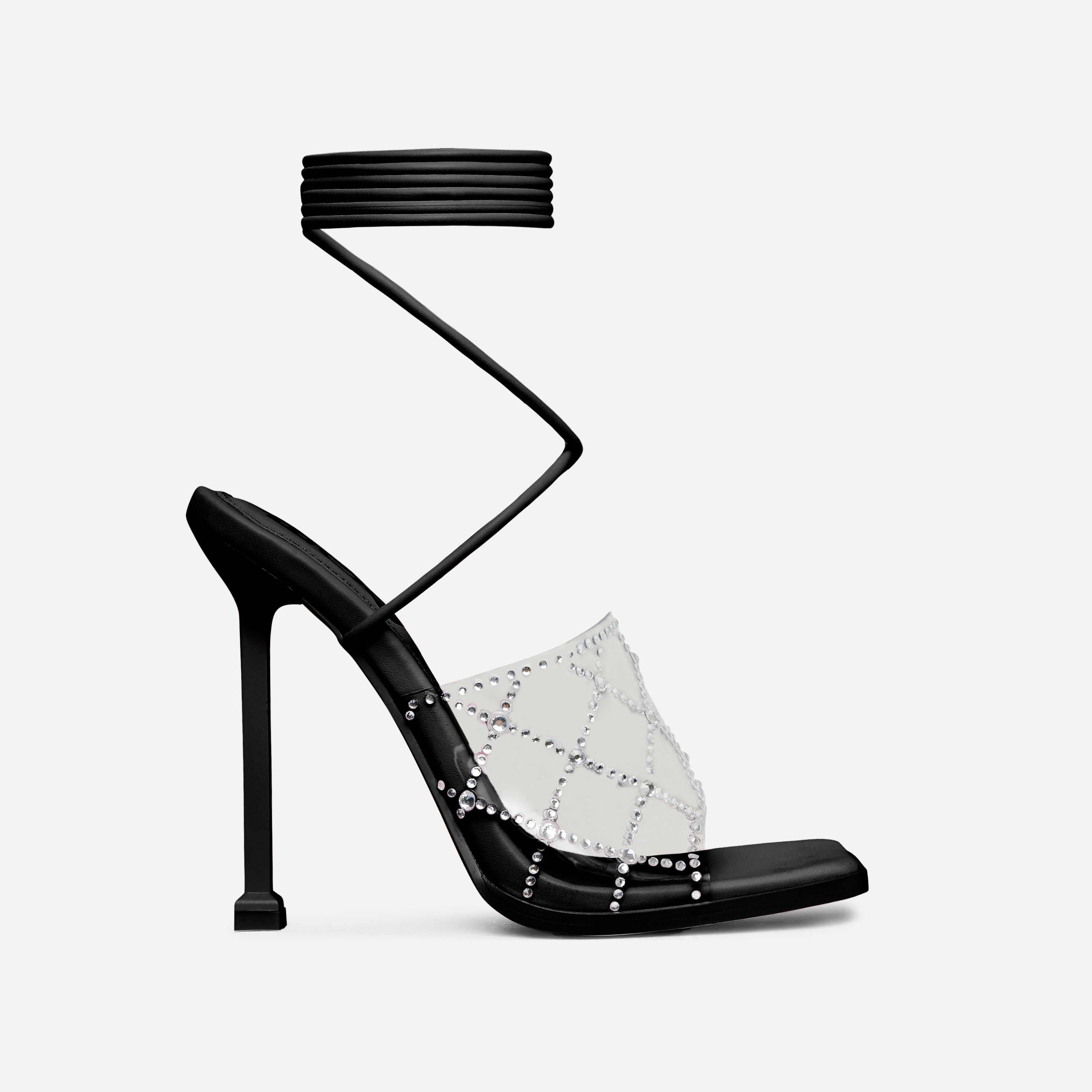 Chain-Me Lace Up Diamante Clear Perspex Strap Square Toe Heel In Black Faux Leather, Black (EGO SHOES)