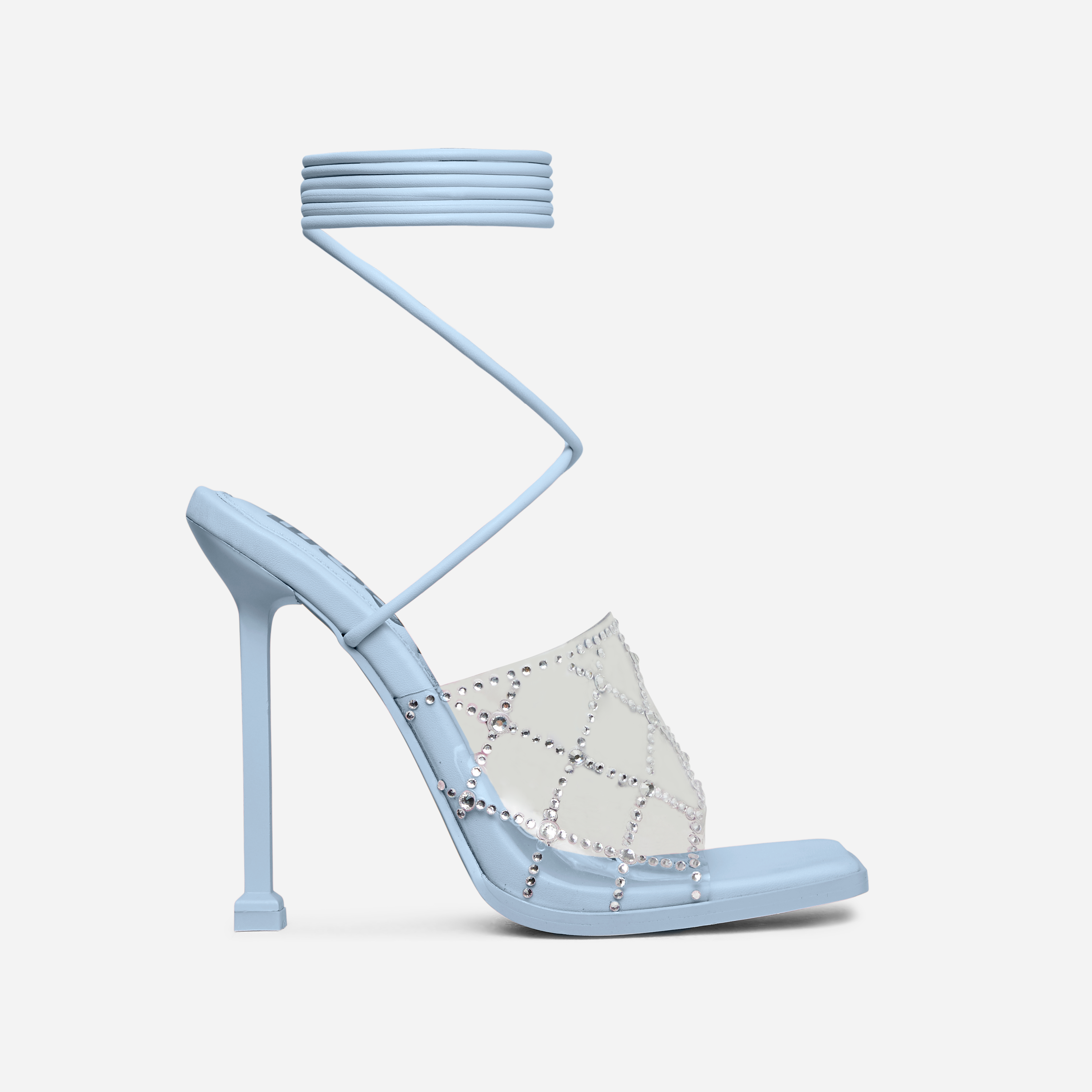 Chain-Me Lace Up Diamante Clear Perspex Strap Square Toe Heel In Blue Faux Leather, Blue (EGO SHOES)