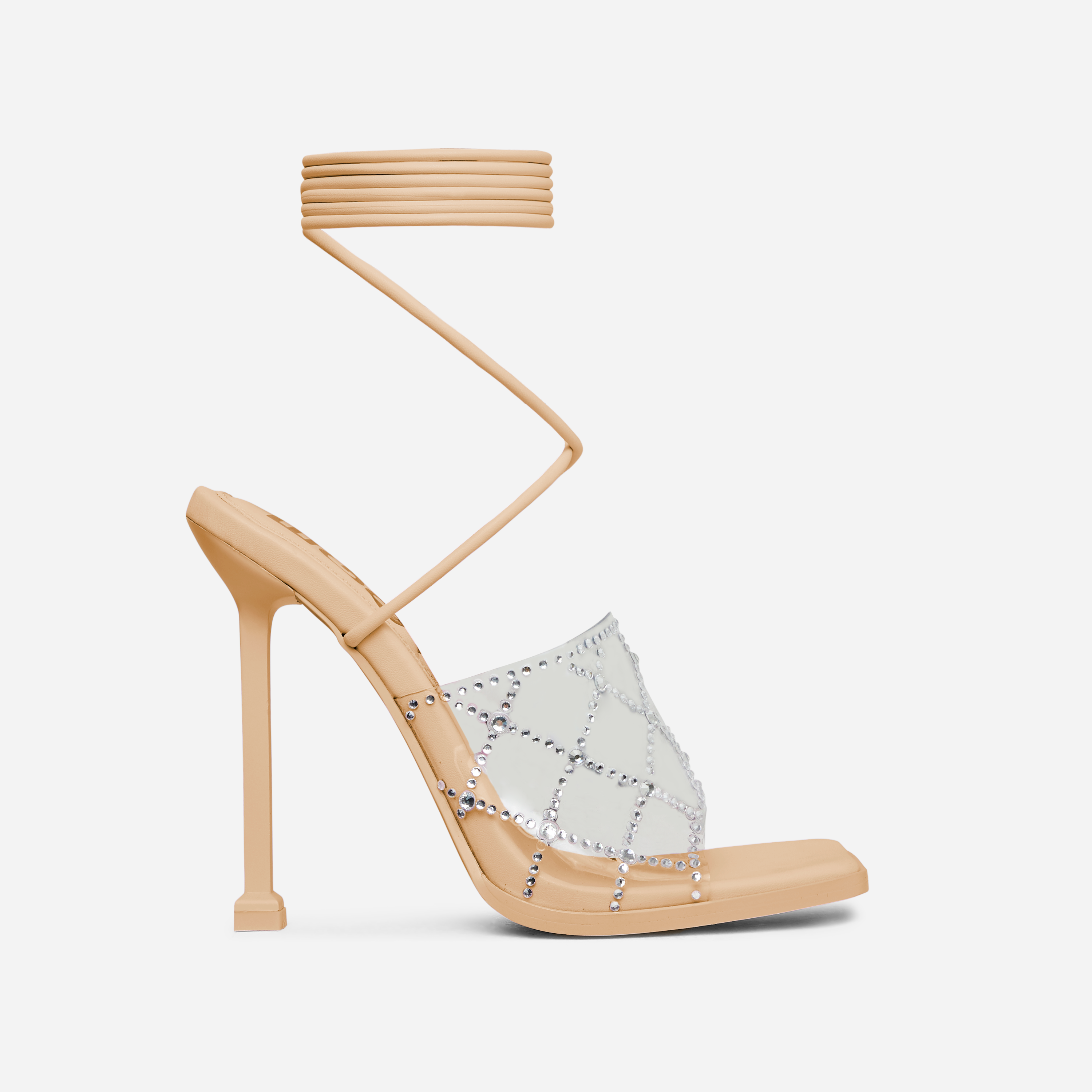 Chain-Me Lace Up Diamante Clear Perspex Strap Square Toe Heel In Nude Faux Leather, Nude (EGO SHOES)