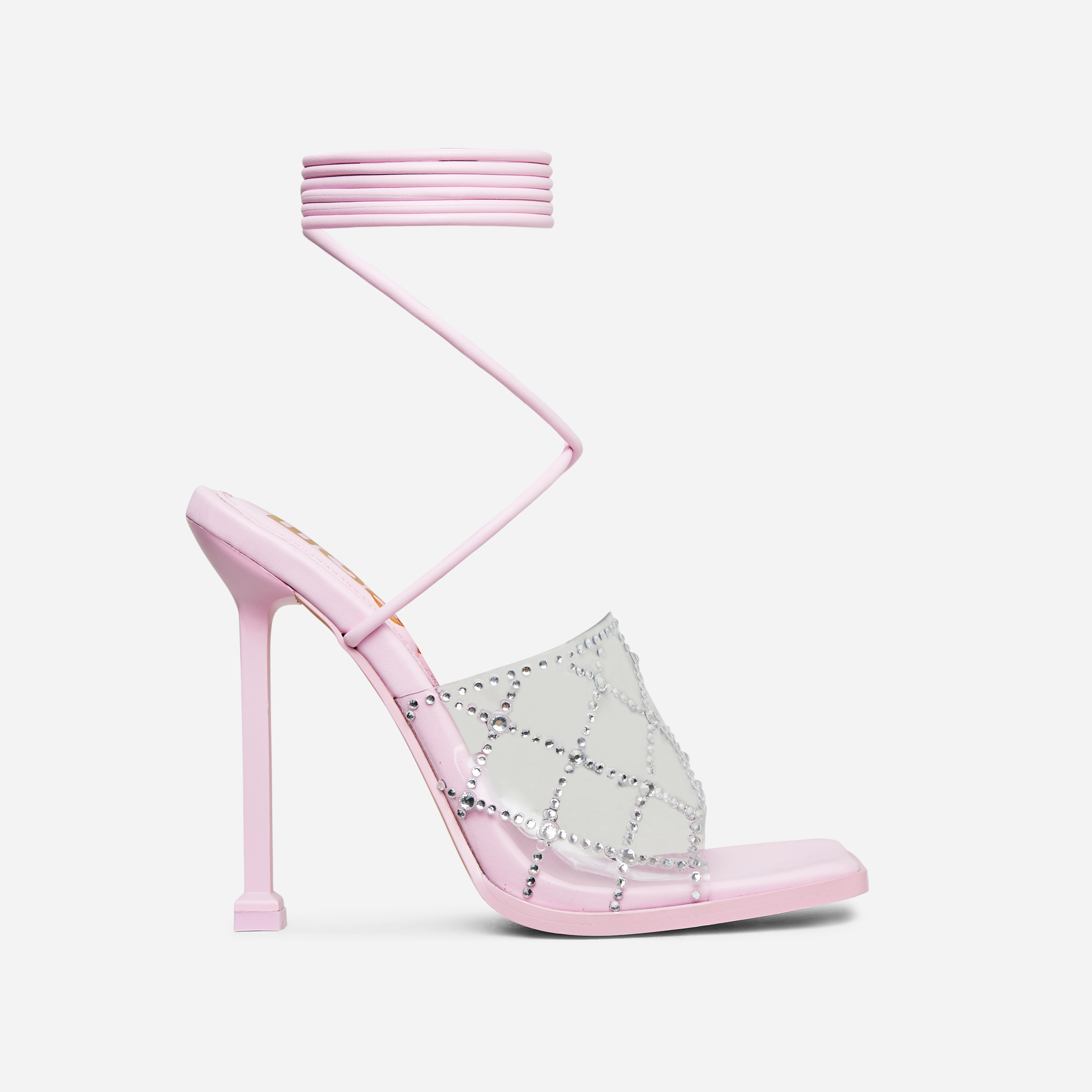 Chain-Me Lace Up Diamante Clear Perspex Strap Square Toe Heel In Pink Faux Leather, Pink (EGO SHOES)