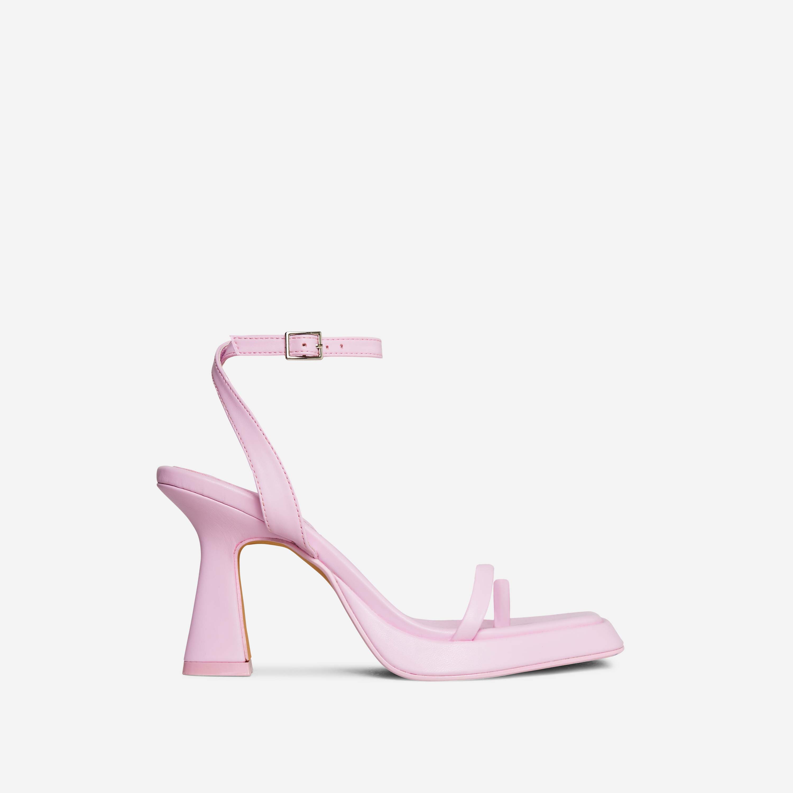 Cicley Square Toe Barely There Platform Flared Block Heel In Pink Faux Leather, Pink (EGO SHOES)