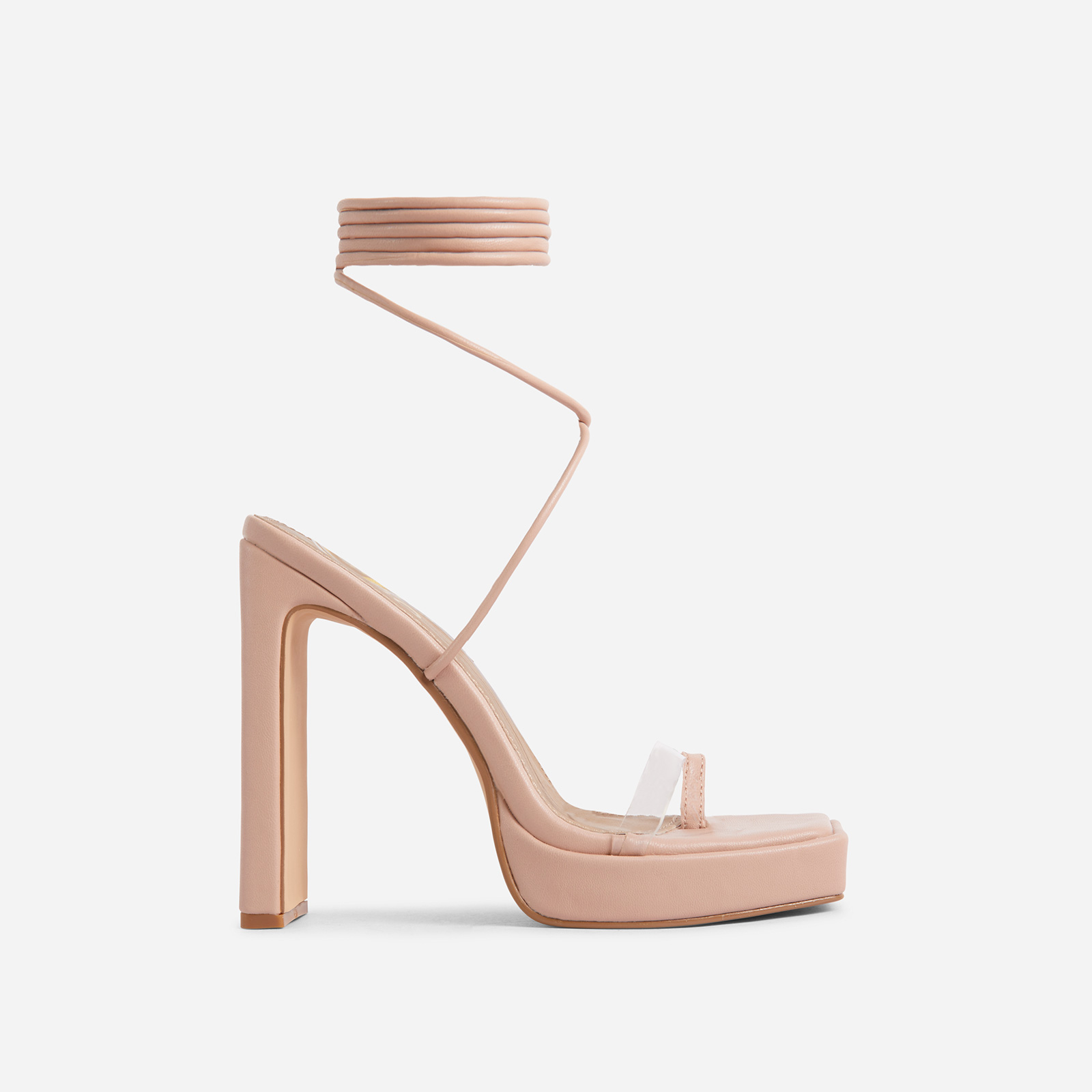 Total-Flirt Wide Fit Lace Up Perspex Detail Square Toe Platform Thin Block Heel In Nude Faux Leather, Nude (EGO SHOES)