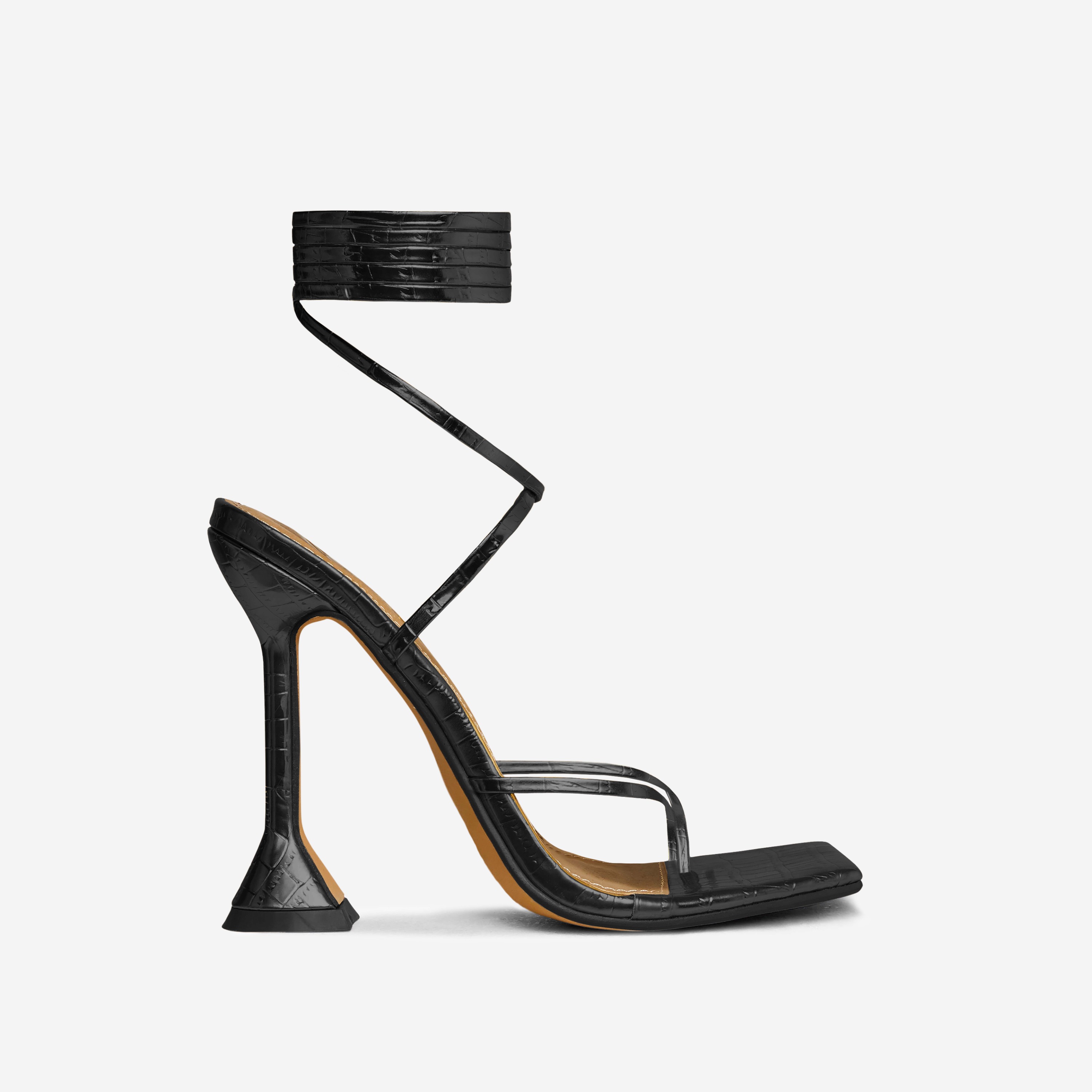 Crossing Lace Up Strappy Square Toe Sculptured Heel In Black Croc Print Faux Leather, Black (EGO SHOES)