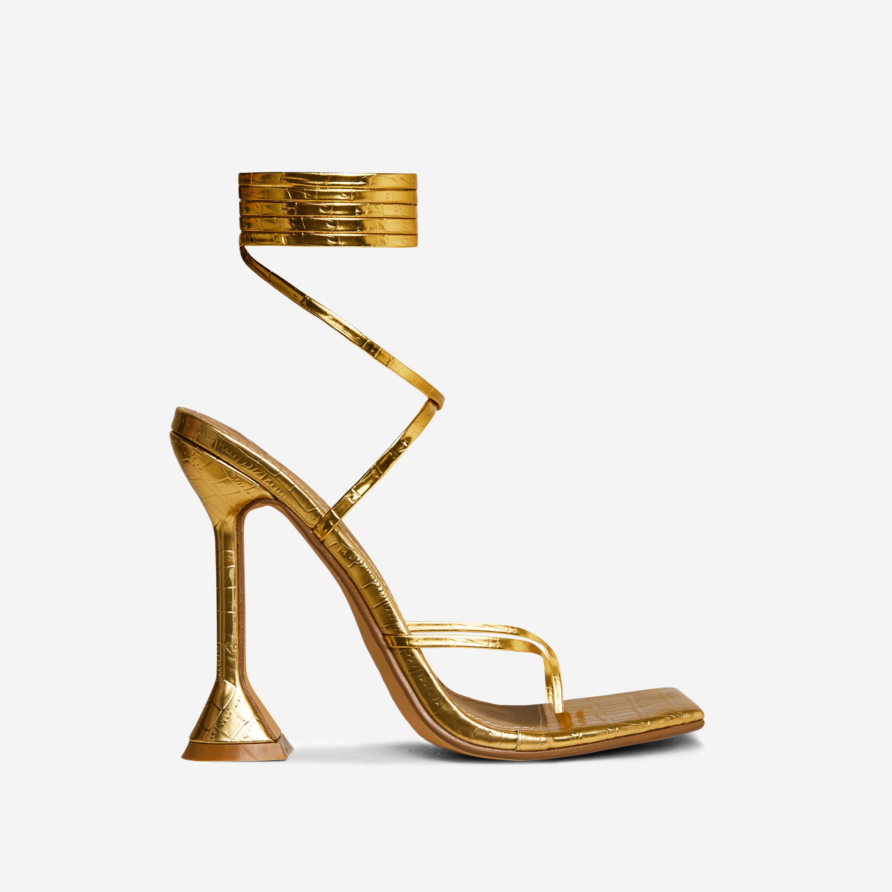 Crossing Lace Up Strappy Square Toe Sculptured Heel In Gold Croc Print Faux Leather, Gold (EGO SHOES)