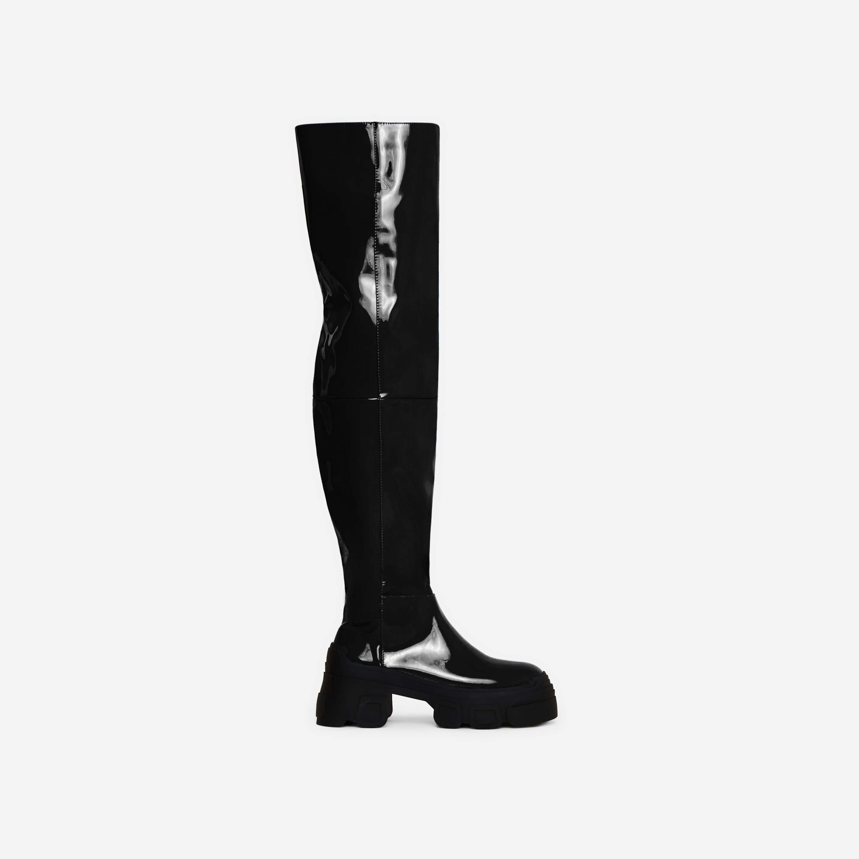 Percy Chunky Sole Over The Knee Thigh High Long Biker Boot In Black Patent, Black (EGO SHOES)