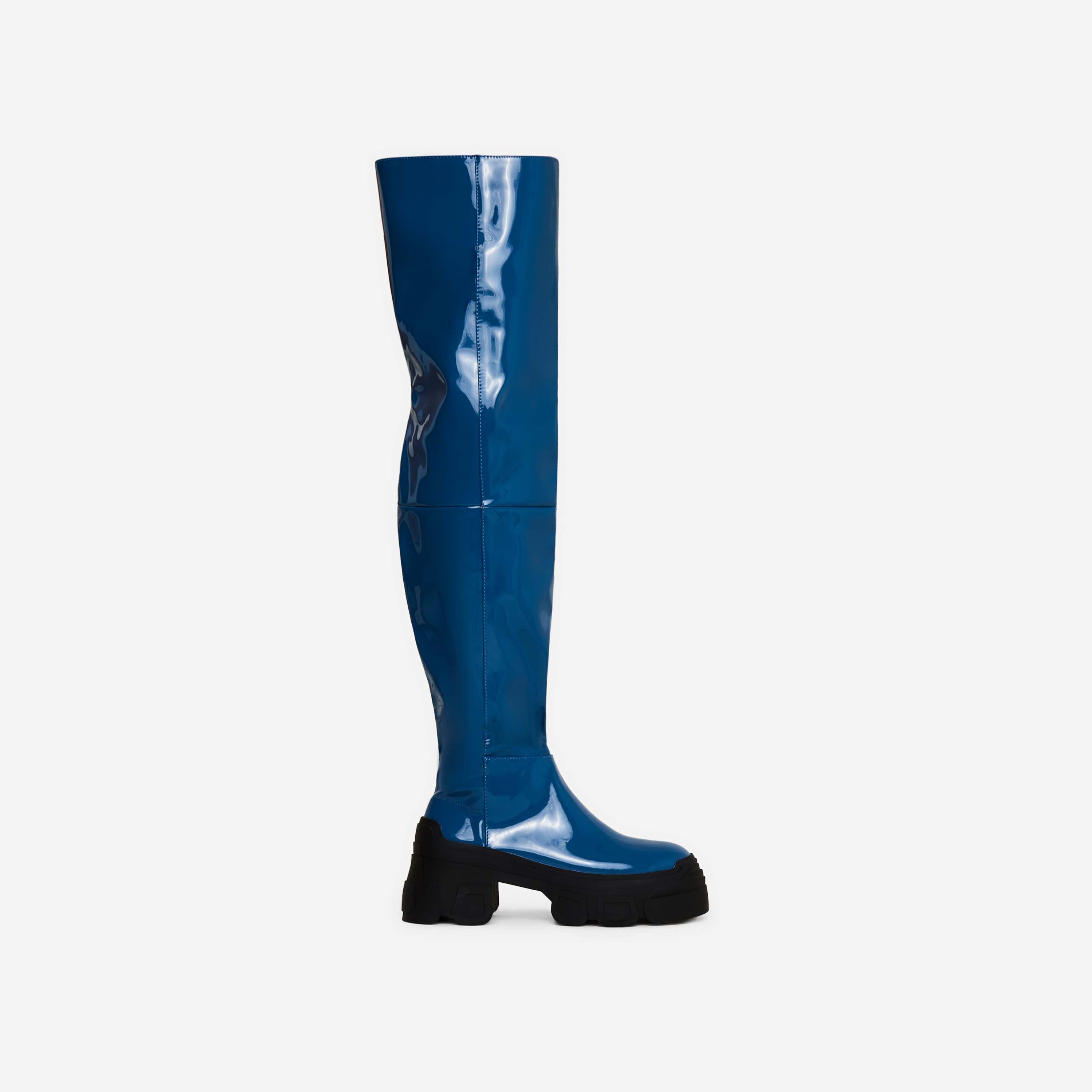 Percy Chunky Sole Over The Knee Thigh High Long Biker Boot In Blue Patent, Blue (EGO SHOES)