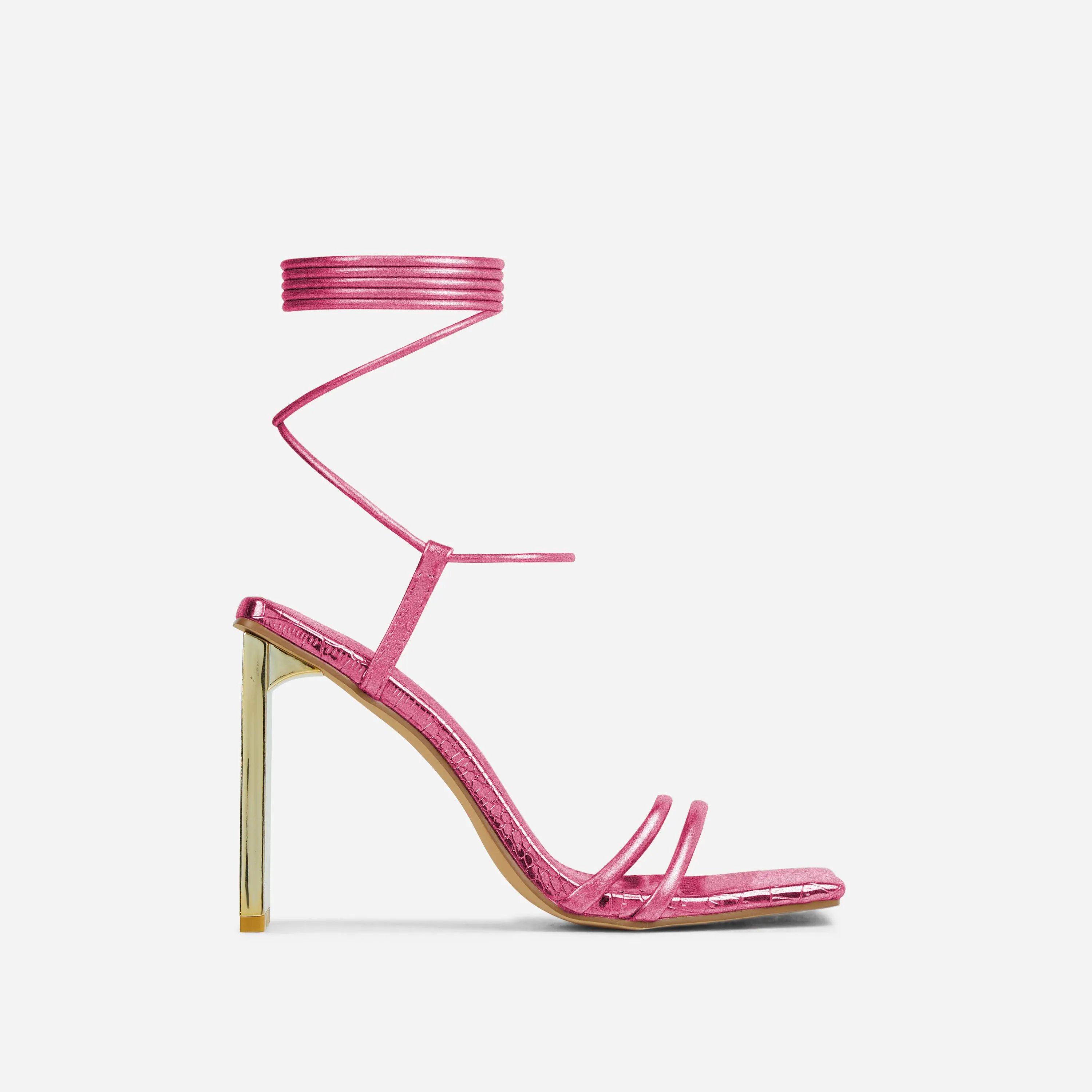 Angelique Lace Up Square Toe Thin Metallic Block Heel In Pink Croc Print Faux Leather