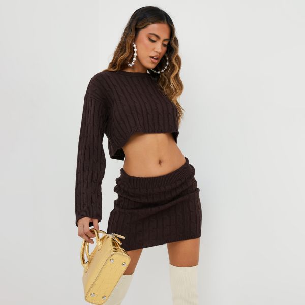Long Sleeve Split Back Detail Cropped Jumper In Brown Cable Knit, Women's Size UK Small S