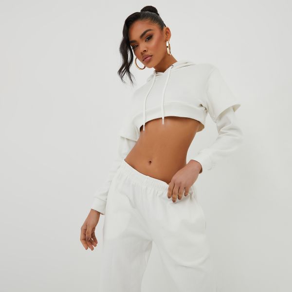 Long Sleeve Double Layered Cropped Hoodie In Ivory, Women's Size UK 8