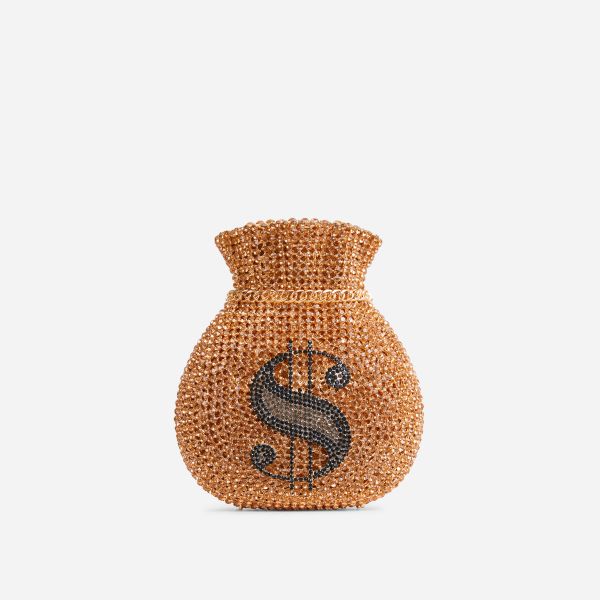 Proto Premium Crystal Dollar Money Sack Cross Body Bag In Rose Gold Diamante, One Size