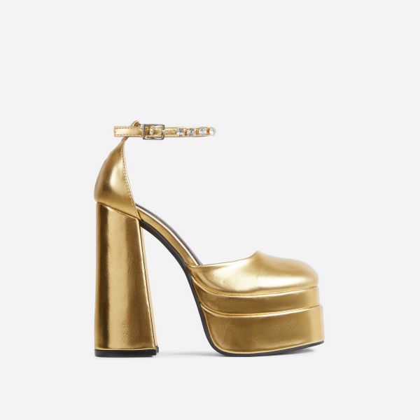 So-Scandalous Diamante Strap Closed Square Toe Extreme Platform Block Heel In Gold Metallic Faux Leather, Women's Size UK 7