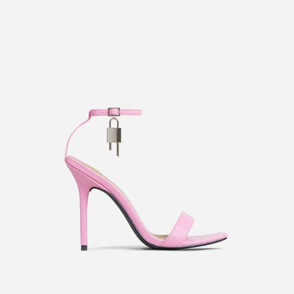 Sunak Padlock Detail Square Toe Stiletto Heel In Pink Croc Print Faux Leather, Women's Size UK 4