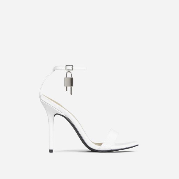 Sunak Padlock Detail Square Toe Stiletto Heel In White Croc Print Faux Leather, Women's Size UK 4