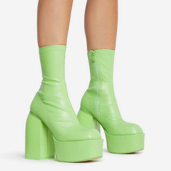Bamboozle Closed Square Toe Chunky Platform Block Heel Ankle Sock Boot In Green Faux Leather, Women's Size UK 6