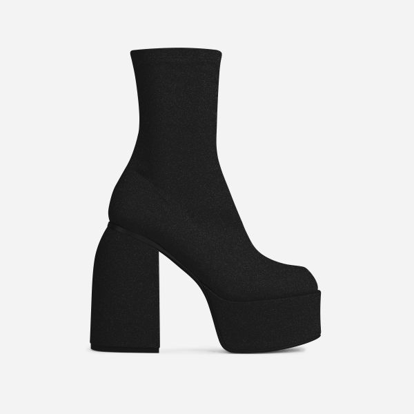 Play-Nice Square Toe Platform Block Heel Ankle Sock Boot In Black Glitter, Women's Size UK 4