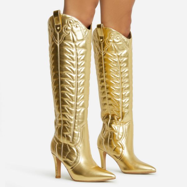 The Professional Embroidered Detail Pointed Toe Thin Block Heel Knee High Western Cowboy Long Boot In Gold Faux Leather, Women's Size UK 4