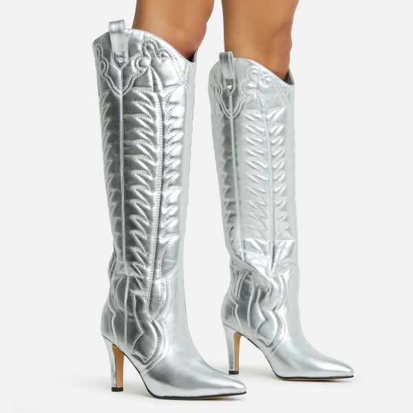 The Professional Embroidered Detail Pointed Toe Thin Block Heel Knee High Western Cowboy Long Boot In Silver Faux Leather, Women's Size UK 4