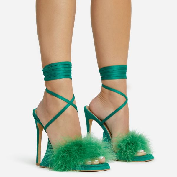 Sorrenti Lace Up Fluffy Faux Feather Detail Square Toe Sculptured Platform Stiletto Heel In Green Faux Suede, Women's Size UK 4