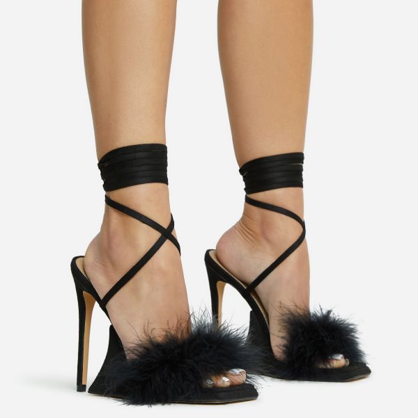 Sorrenti Lace Up Fluffy Faux Feather Detail Square Toe Sculptured Platform Stiletto Heel In Black Faux Suede, Women's Size UK 4