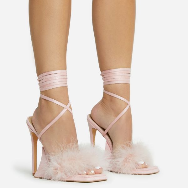 Sorrenti Lace Up Fluffy Faux Feather Detail Square Toe Sculptured Platform Stiletto Heel In Light Pink Faux Suede, Women's Size UK 4