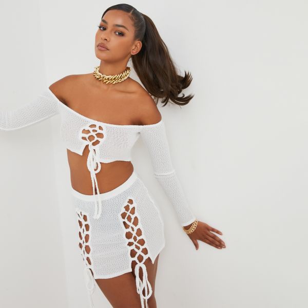 Off The Shoulder Lace Up Detail Long Sleeve Crop Top In Ivory Textured Knit, Women's Size UK 8