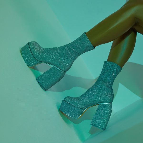 Play-Nice Square Toe Platform Block Heel Ankle Sock Boot In Silver Glitter, Women's Size UK 4