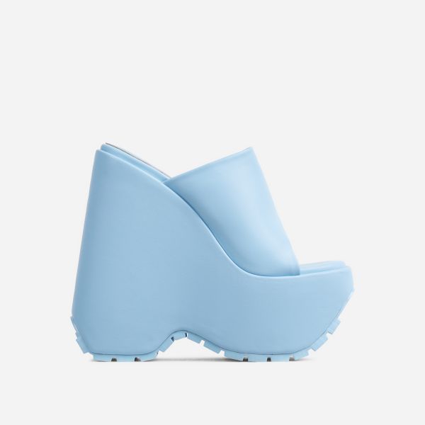 Meanie Open Peep Square Toe Extreme Platform Wedge Heel Mule In Blue Faux Leather, Women's Size UK 5