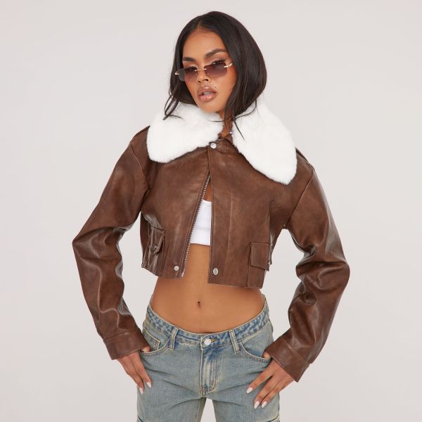 Plus Brown Distressed Faux Leather Bomber Jacket