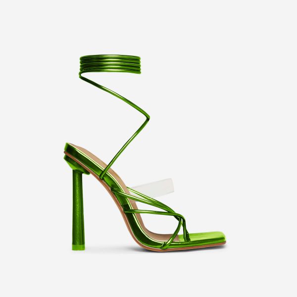 Growing Lace Up Perspex Strappy Square Toe Stiletto Heel In Green Metallic Faux Leather, Women's Size UK 4