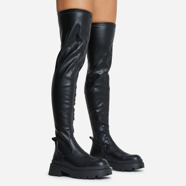 Dale Chunky Sole Over The Knee Thigh High Biker Boot In Black Faux Leather, Women's Size UK 4