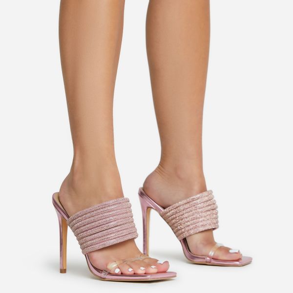 Direct Clear Perspex Diamante Multi Strap Square Toe Stiletto Heel Mule In Pink Metallic Faux Leather, Women's Size UK 4