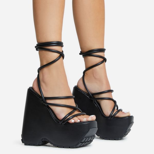Bottled-It Lace Up Strappy Chunky Platform Wedge Heel In Black Faux Leather, Women's Size UK 6