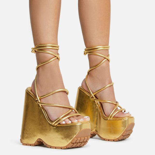 Bottled-It Lace Up Strappy Chunky Platform Wedge Heel In Gold Metallic Faux Leather, Women's Size UK 4