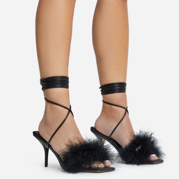 Bower Lace Up Faux Feather Detail Square Toe Heel In Black Faux Leather, Women's Size UK 5