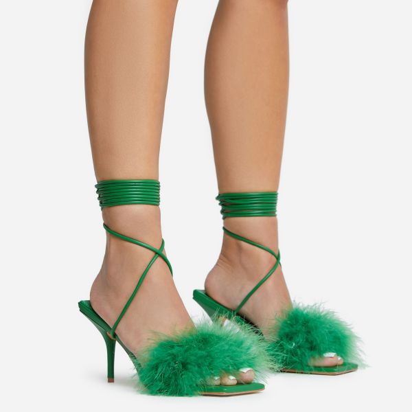 Bower Lace Up Faux Feather Detail Square Toe Heel In Green Faux Leather, Women's Size UK 4