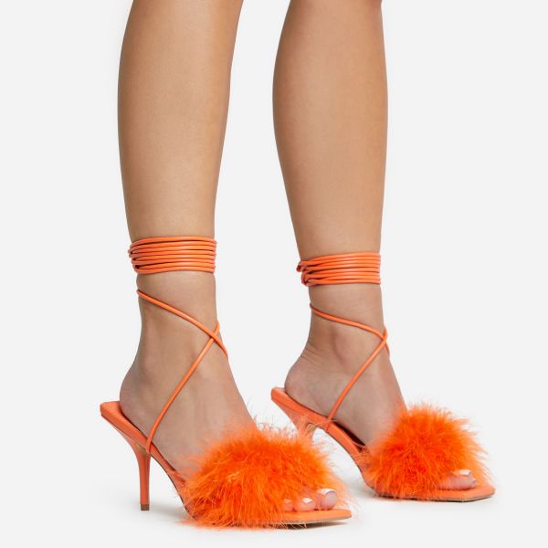 Bower Lace Up Faux Feather Detail Square Toe Heel In Orange Faux Leather, Women's Size UK 4