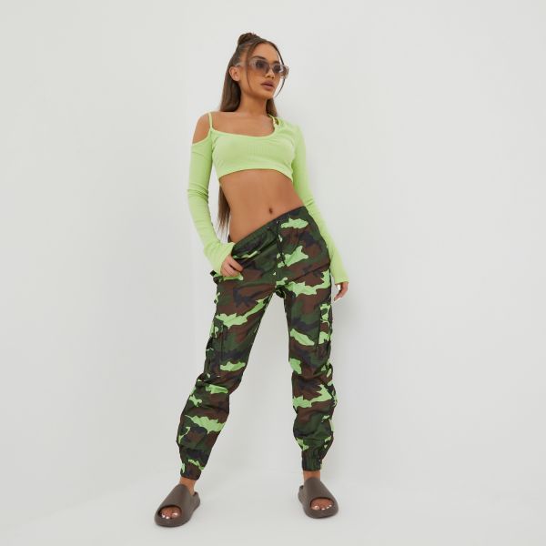 Pocket Detail Cargo Trousers In Green Camo Print, Women's Size UK Large L