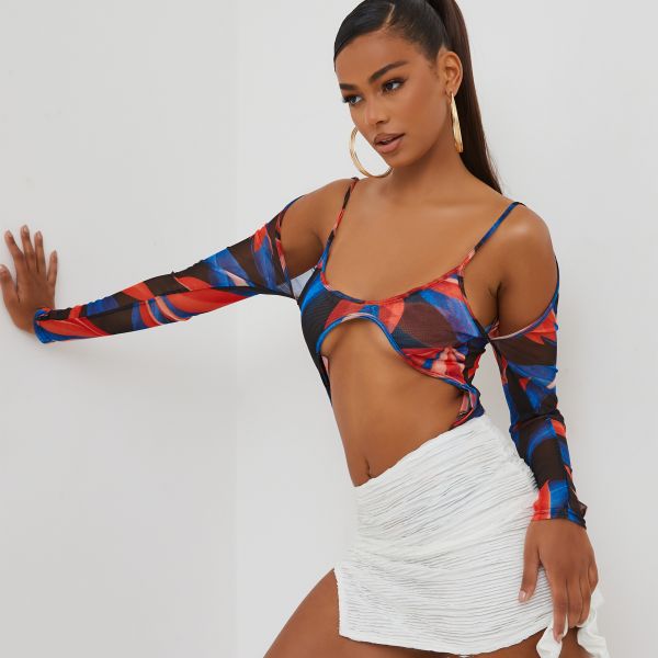 Long Sleeve Scoop Neck Cold Shoulder Cut Out Detail Bodysuit In Orange And Blue Printed Mesh, Women's Size UK 8
