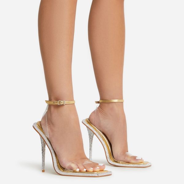 My-Type Diamante Outer Sole Clear Perspex Strap Detail Square Toe Stiletto Heel In Gold Faux Leather, Women's Size UK 4