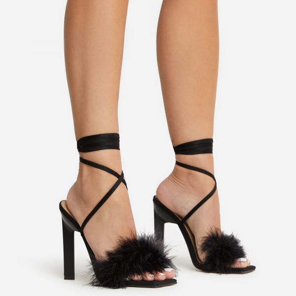 Aubrie Fluffy Faux Feather Lace Up Square Toe Sculptured Heel In Black Faux Suede, Women's Size UK 6