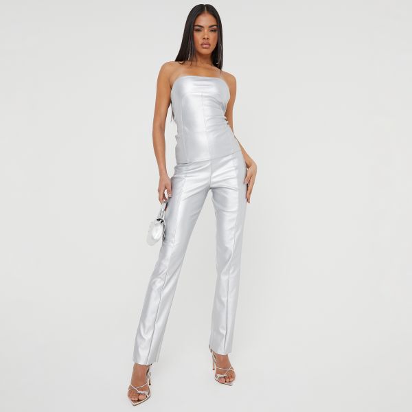 High Waist Front Seam Detail Straight Leg Trousers In Silver Metallic Faux Leather, Women's Size UK 8