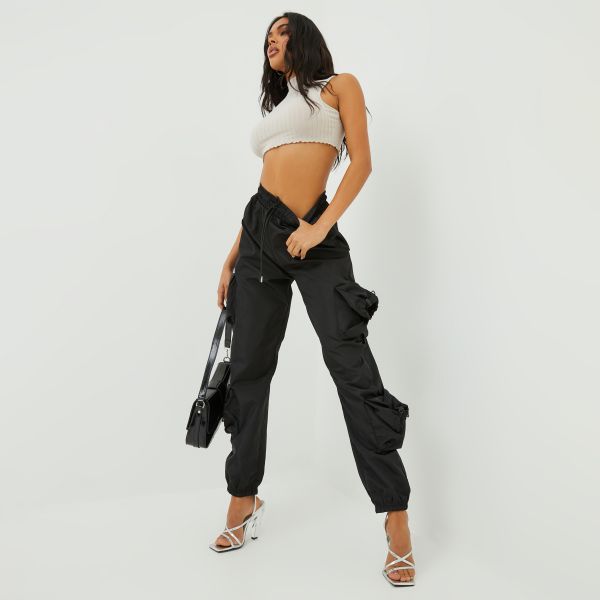 High Waist Toggle Multi Pocket Detail Cuffed Hem Cargo Trouser In Black, Women's Size UK 8