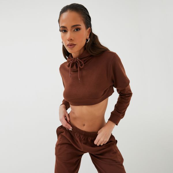 Long Sleeve Double Layered Cropped Hoodie In Brown, Women's Size UK 8