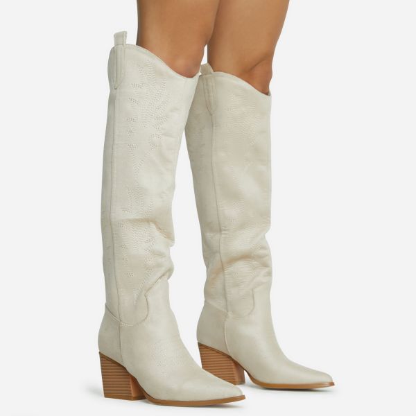 Bulldoze Embroidered Detail Pointed Toe Block Heel Knee High Western Cowboy Long Boot In Beige Faux Suede, Women's Size UK 4