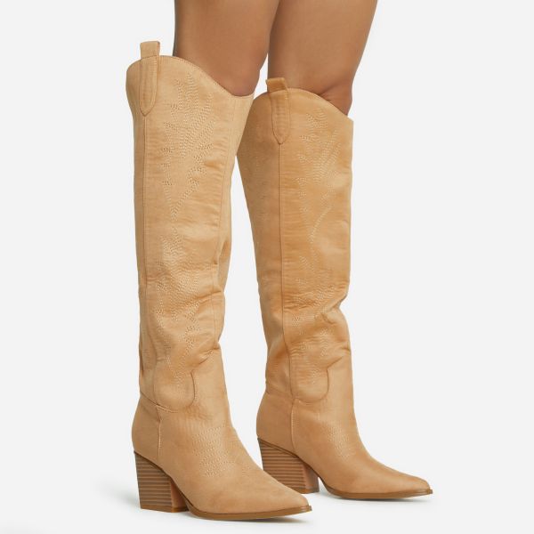 Bulldoze Embroidered Detail Pointed Toe Block Heel Knee High Western Cowboy Long Boot In Camel Faux Suede, Women's Size UK 4